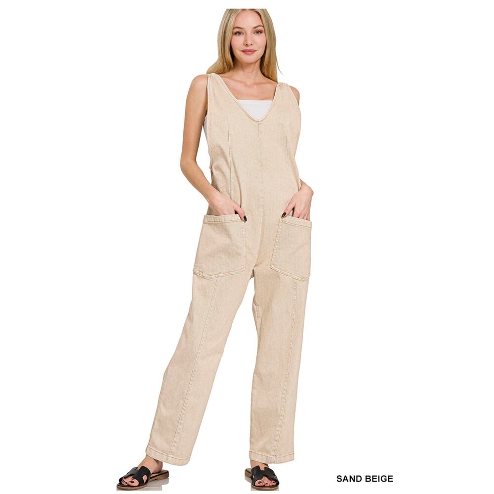 Zenana - Denim Overalls with Adjustable Strap Jumpsuit (SAND BEIGE) - Small